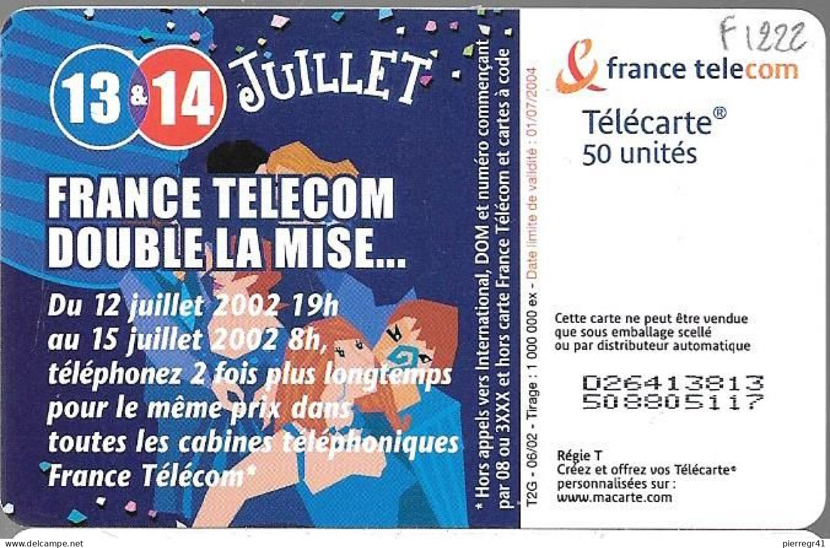 CARTE-PUBLIC-50U-F1222A-OB2-06/02-14 JUILLET-2-N°Gras-UTILISE-TBE- - 2002