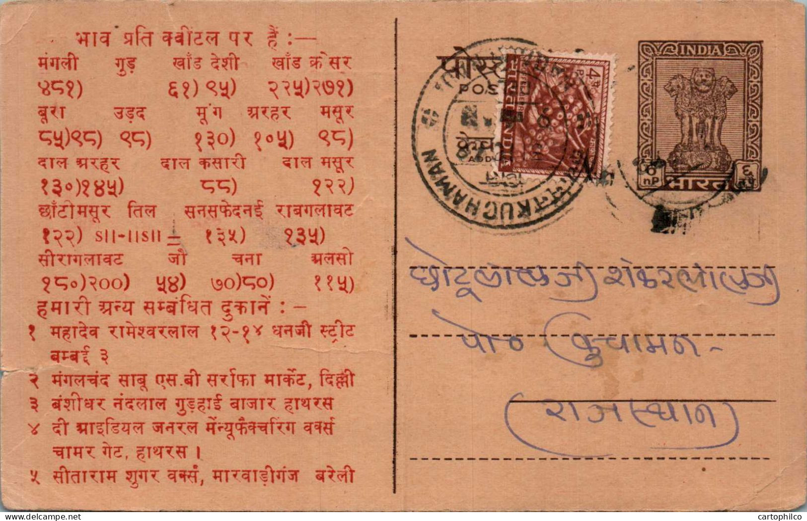 India Postal Stationery Ashoka 6p Kuchaman Cds Bansiwala - Cartes Postales