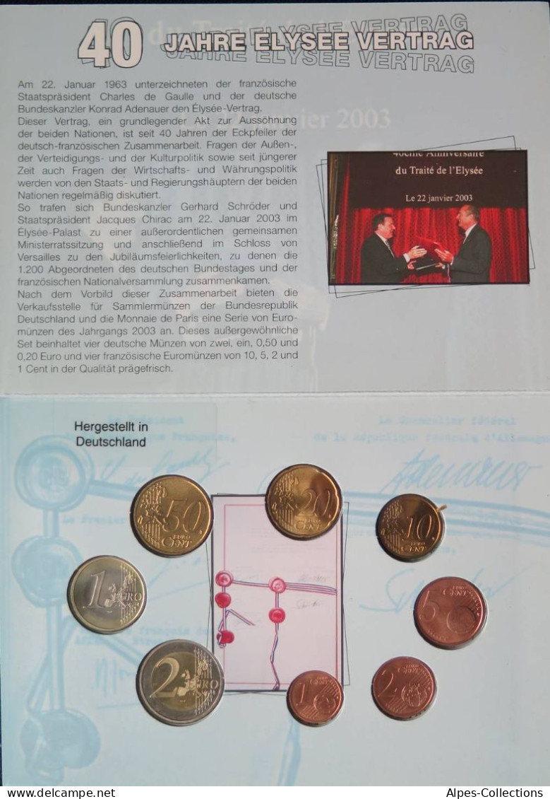 ALX2003X.1 - SET FRANCO ALLEMAND - 2003 Traité De L'Elysée - 1 Cent à 2 Euros - Alemania