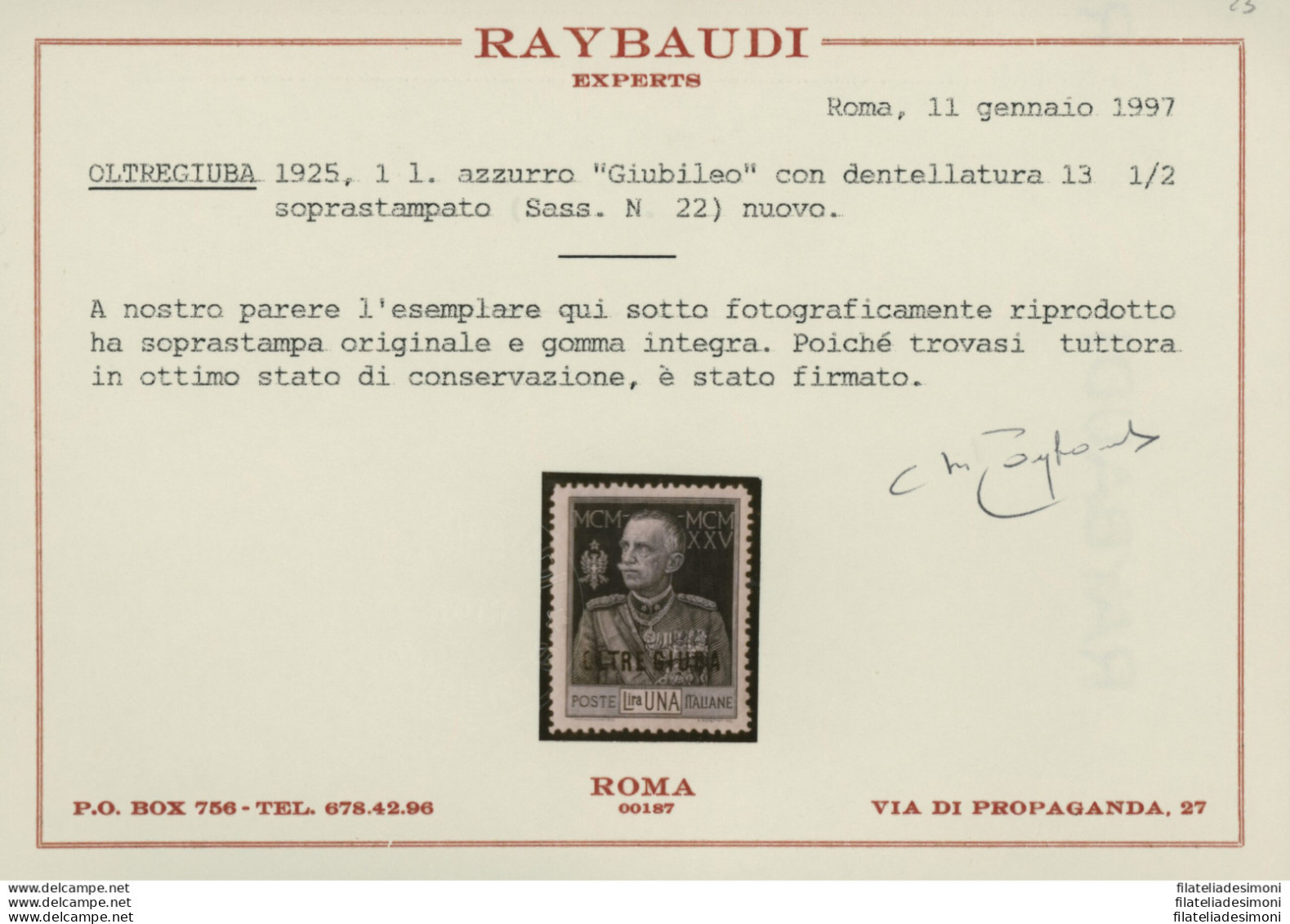 1925-26 Oltre Giuba, N. 22, 1 Lira Azzurra Dentellata 13 1/2, 1 Valore, MNH** - Oltre Giuba