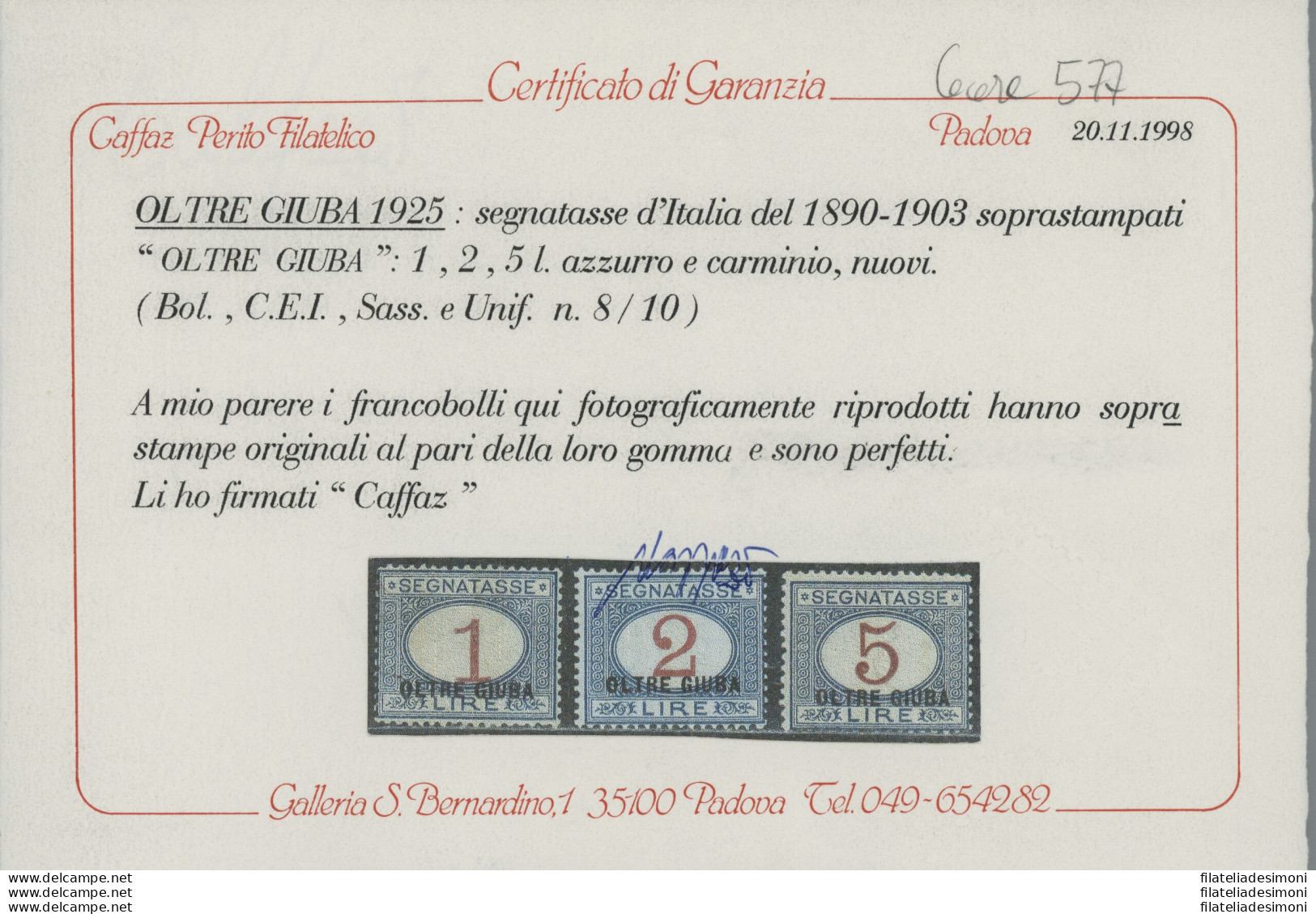 1925 Oltre Giuba, Segnatasse N. 1/10, 10 Valori - MNH** - Oltre Giuba