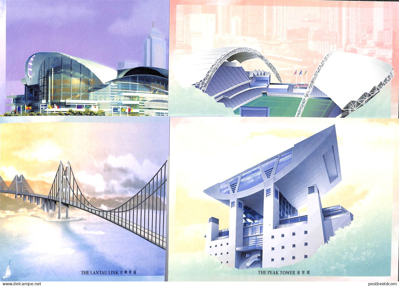 Hong Kong 1997 Landmark Set Illustrated Postcards (4 Cards), Unused Postal Stationary, Art - Bridges And Tunnels - Mod.. - Covers & Documents