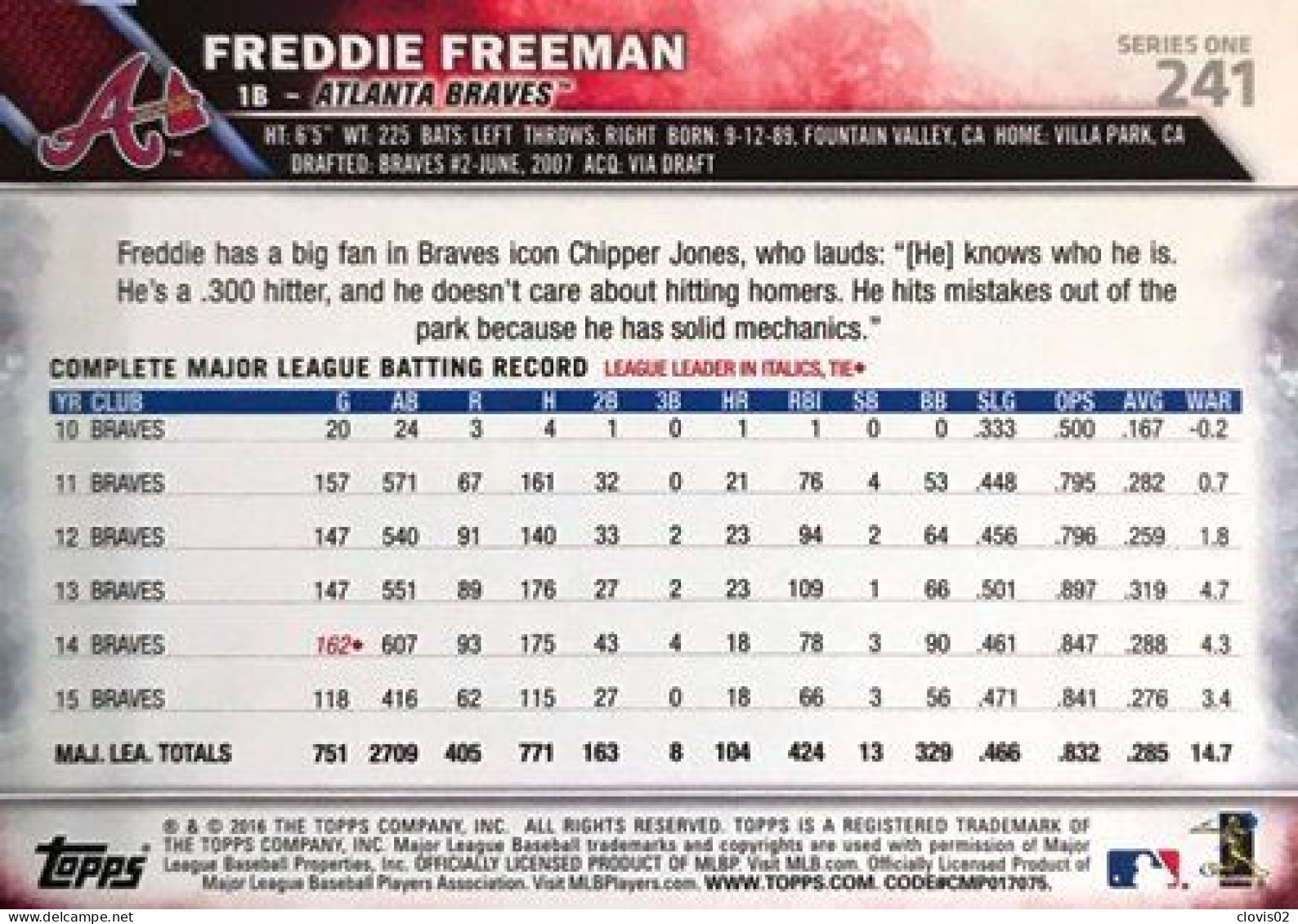 241 Freddie Freeman - Atlanta Braves - Carte Topps Baseball 2016 - Other & Unclassified