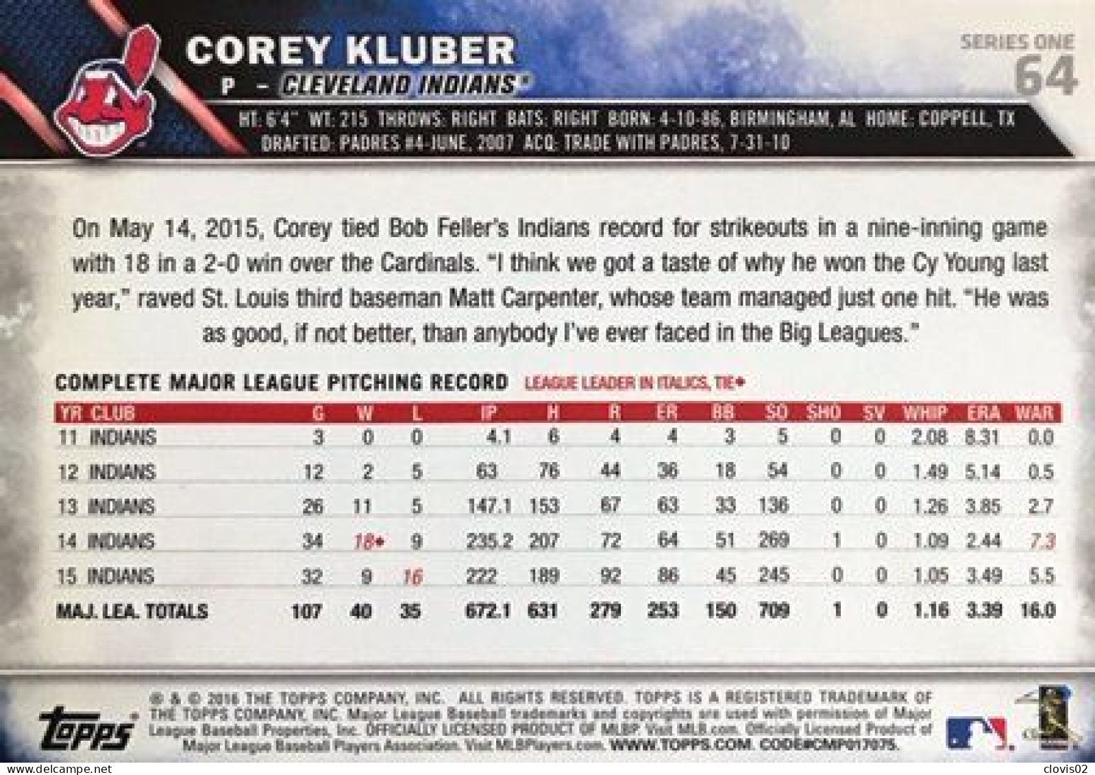 64 Corey Kluber - Cleveland Indians - Carte Topps Baseball 2016 - Other & Unclassified