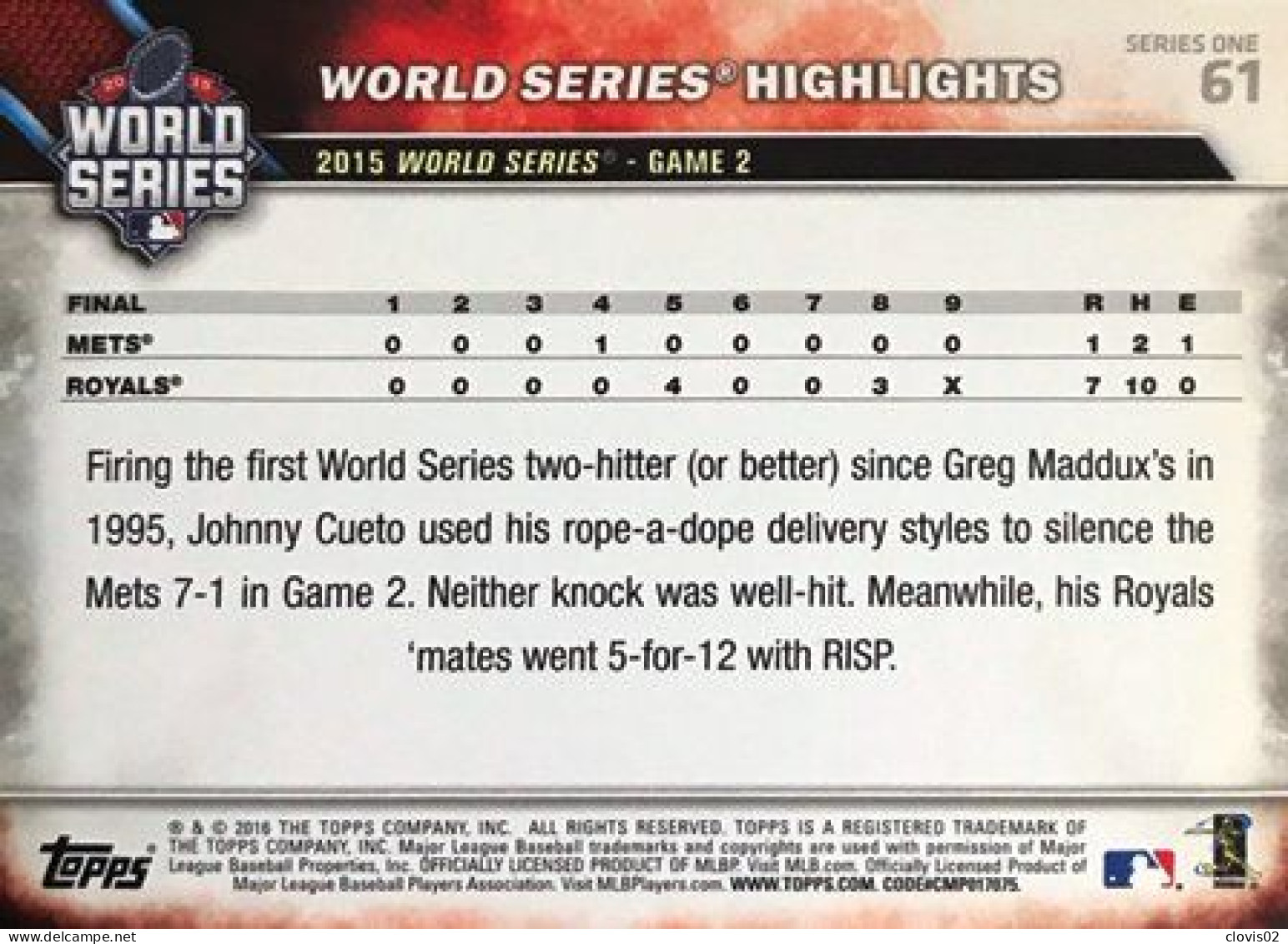 61 Johnny Cueto - World Series Highlights - Carte Topps Baseball 2016 - Sonstige & Ohne Zuordnung