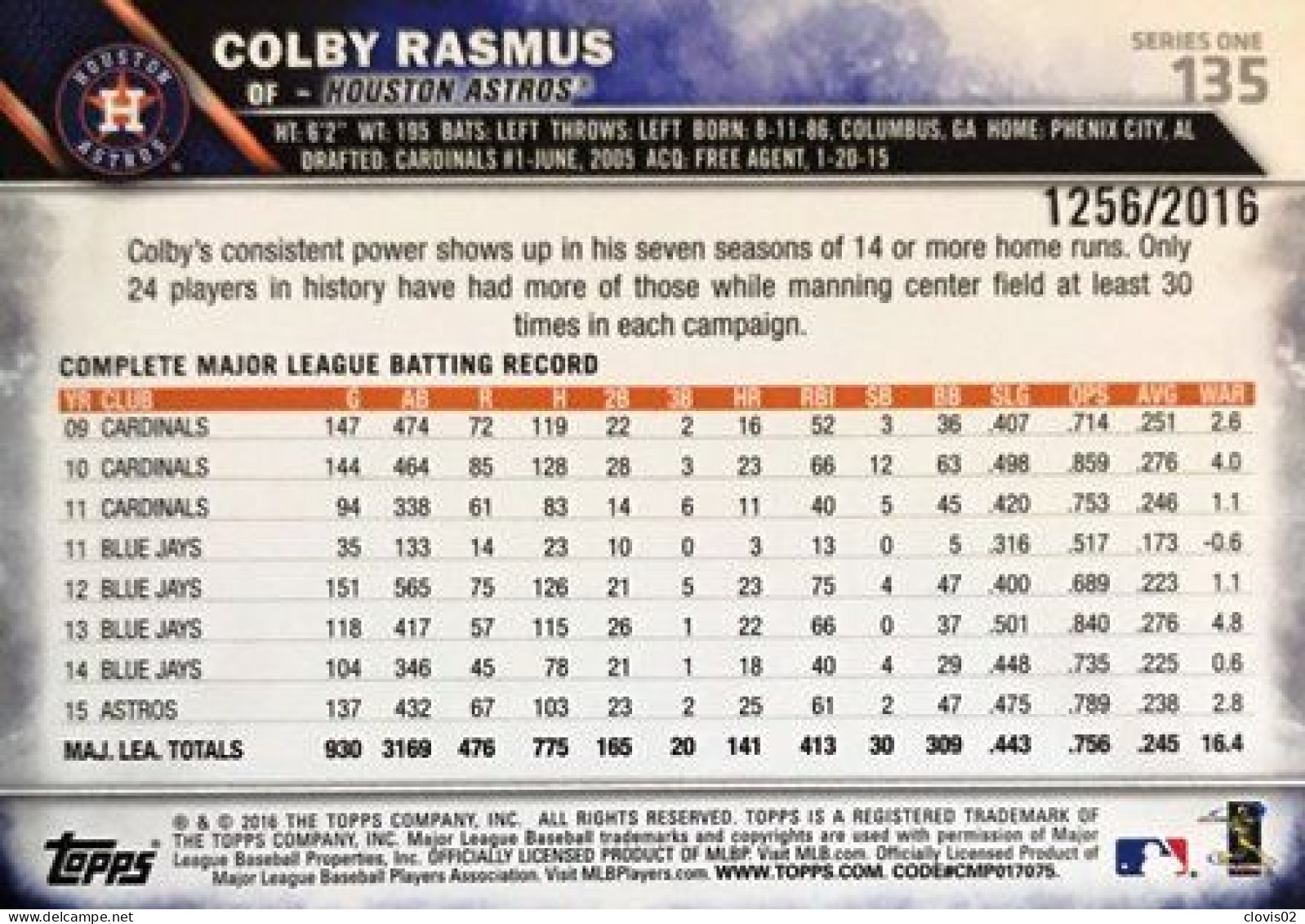 135 Colby Rasmus - Houston Astros Gold 1256/2016 - Carte Topps Baseball 2016 - Other & Unclassified