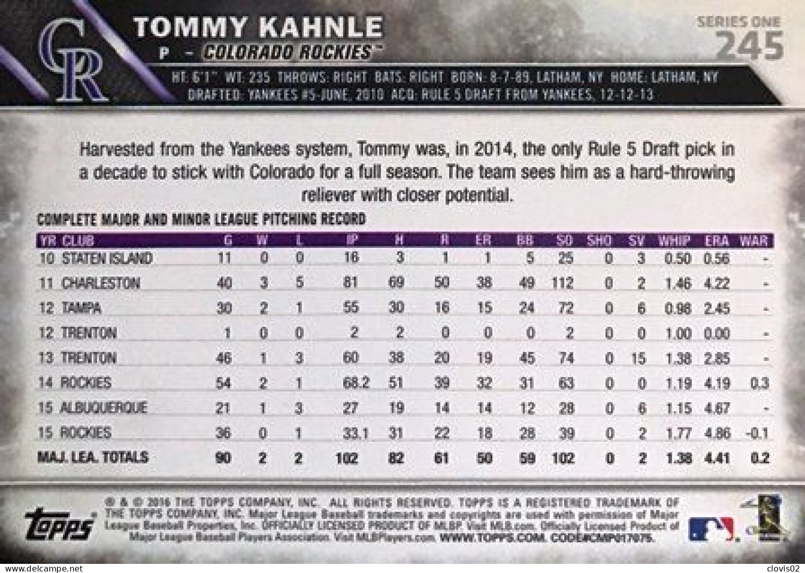 245 Tommy Kahnle - Colorado Rockies - Carte Topps Baseball 2016 - Other & Unclassified