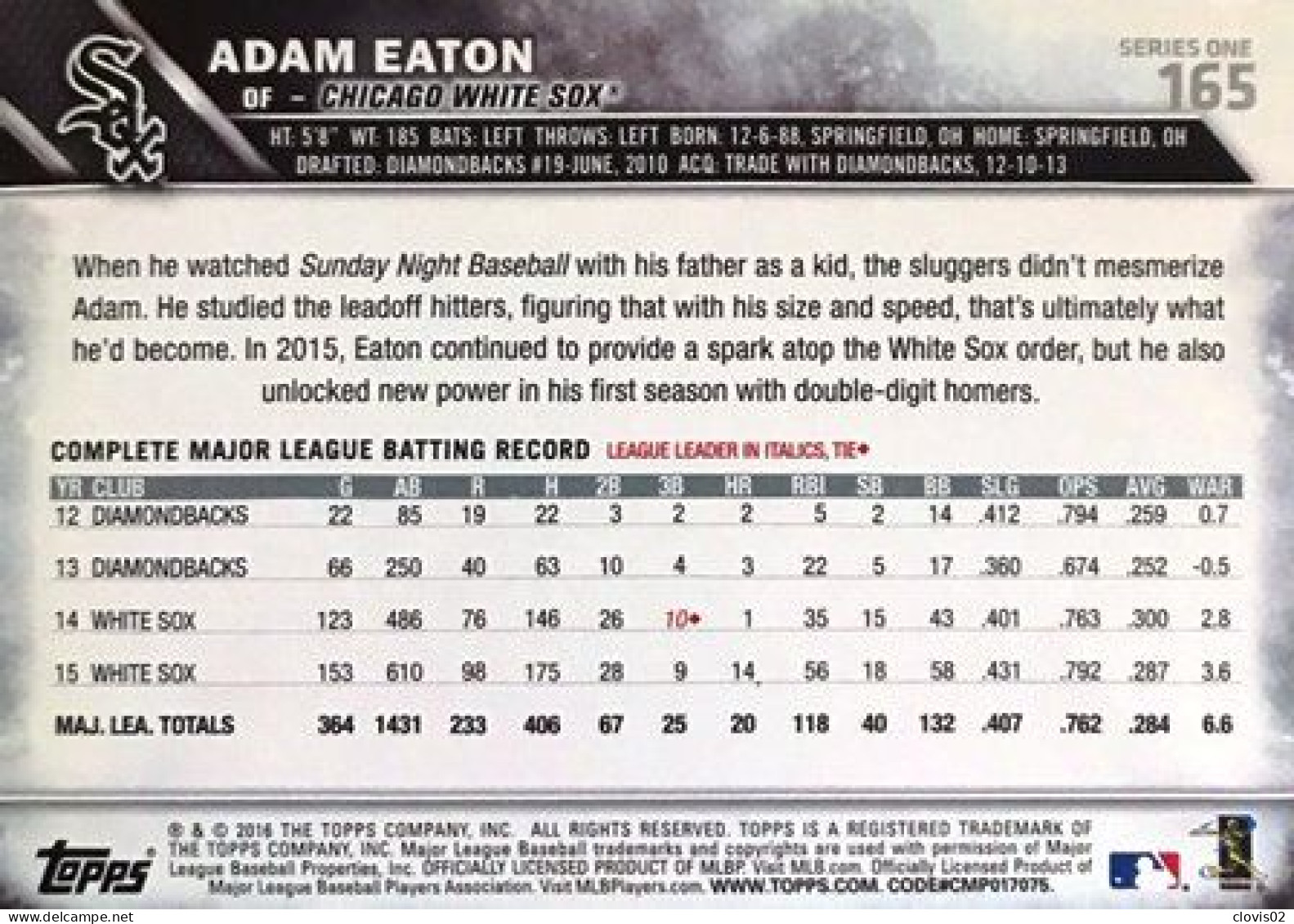 165 Adam Eaton - Chicago White Sox - Carte Topps Baseball 2016 - Sonstige & Ohne Zuordnung