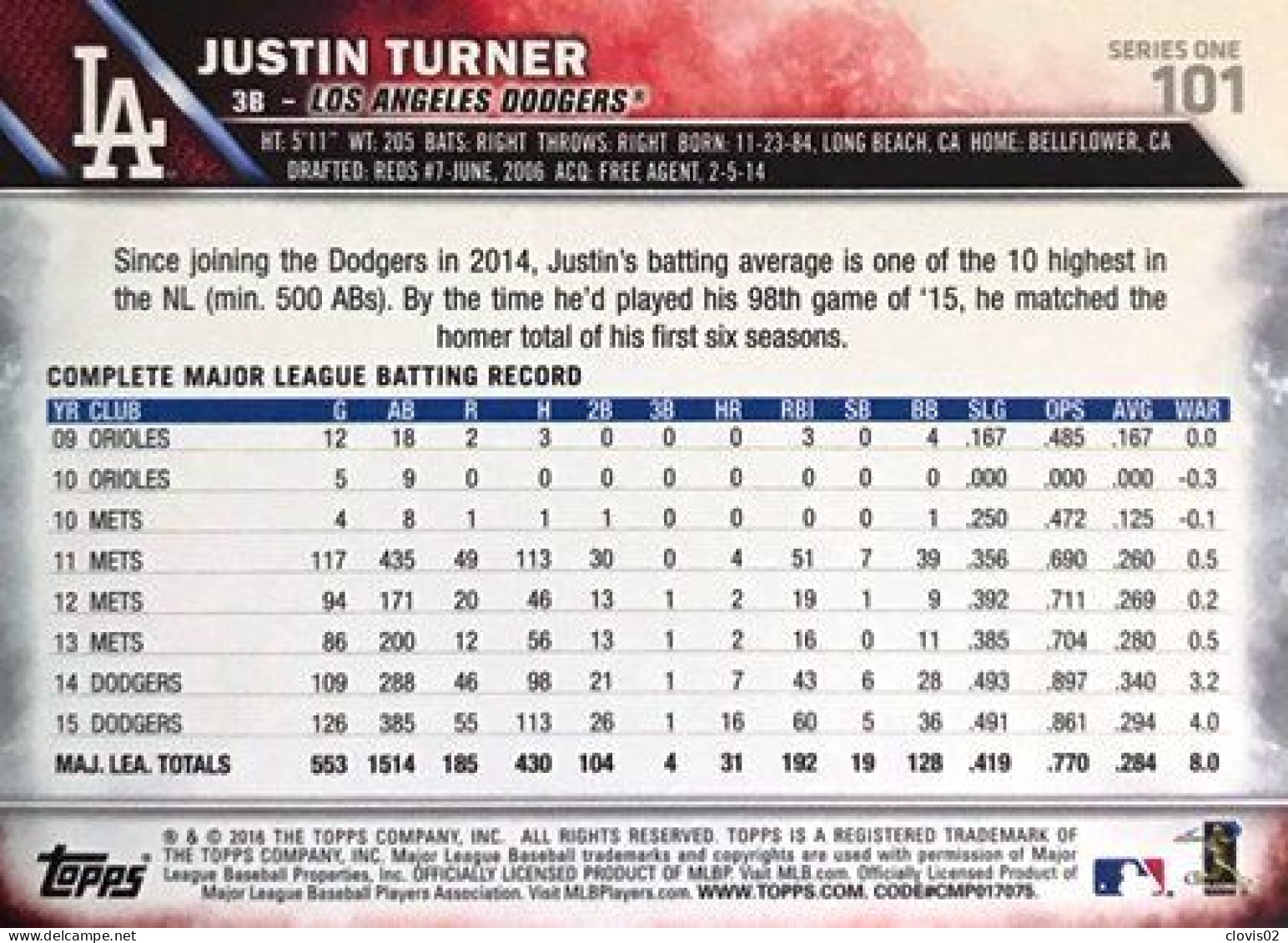 101 Justin Turner - Los Angeles Dodgers - Carte Topps Baseball 2016 - Andere & Zonder Classificatie