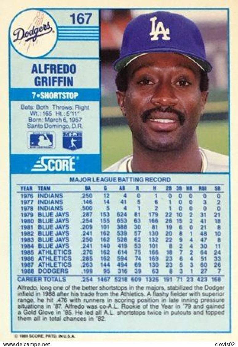 167 Alfredo Griffin - Los Angeles Dodgers - Carte Score Baseball 1989 - Andere & Zonder Classificatie