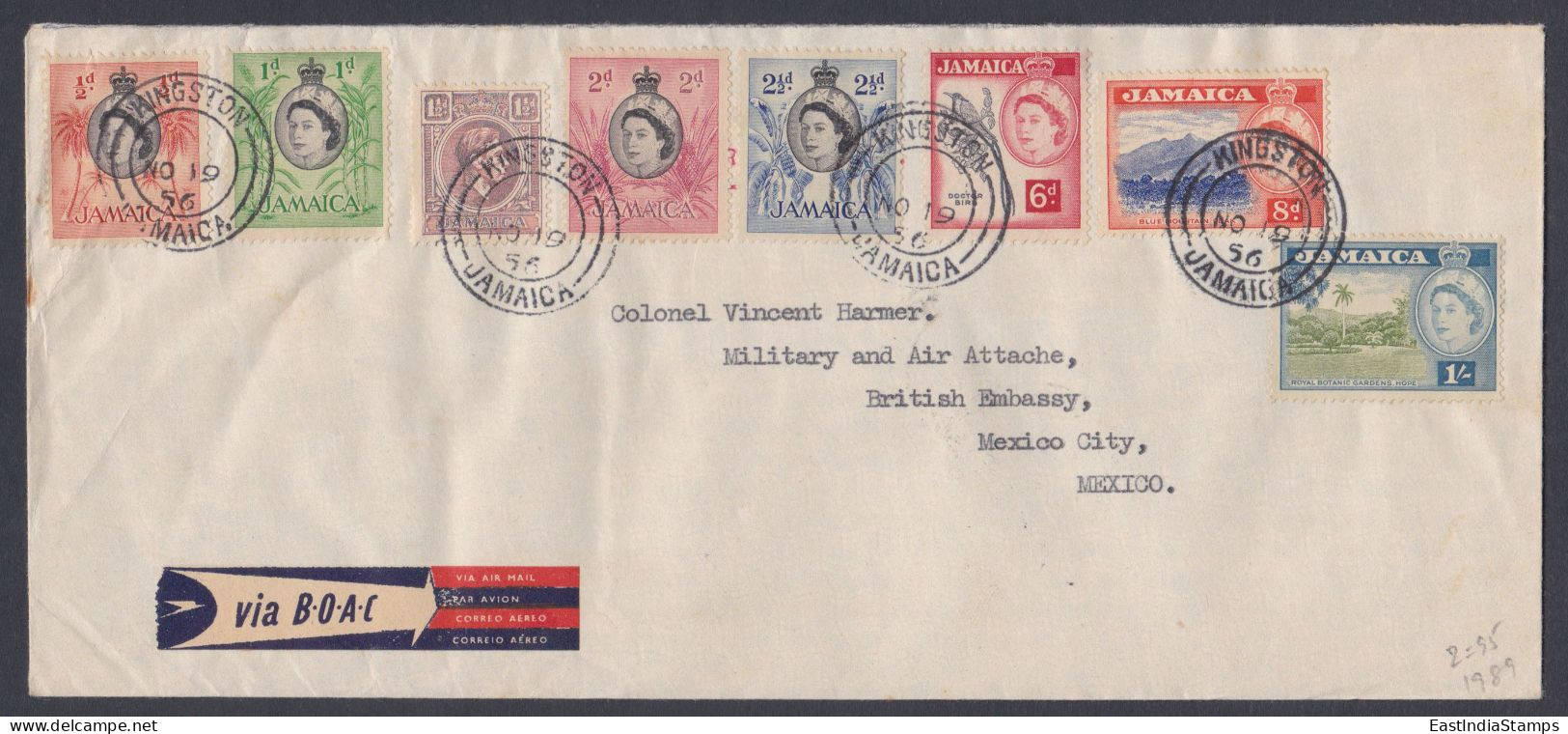 Jamaica 1956 Used Airmail Cover To British Embassy, Mexico City, Doctor Bird, Blue Mountain, Botanic Garden, Royal Birds - Jamaica (...-1961)