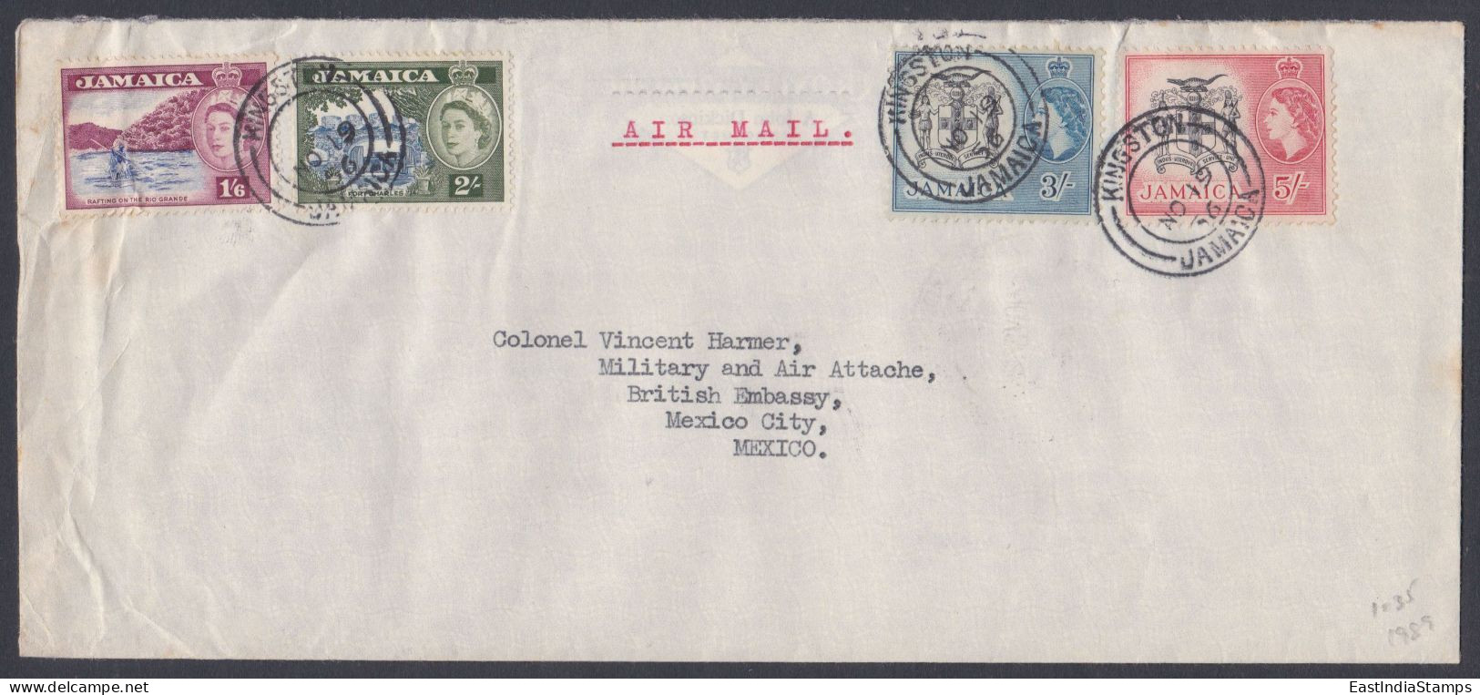 Jamaica 1956 Used Airmail Cover To British Embassy, Mexico City, Rafting, Boat, Fort Charles, Emblem, Queen Elizabeth II - Jamaica (...-1961)