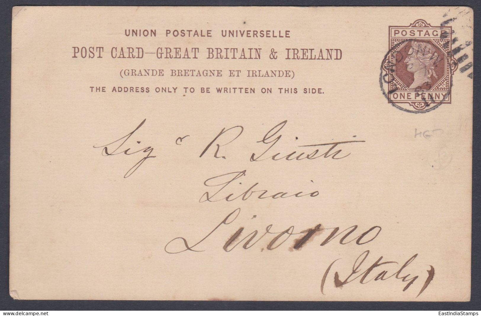 GB Great Britain One Penny Queen Victoria 1883 Used UPU Postcard, To Italy, Post Card, Postal Stationery - Cartas & Documentos