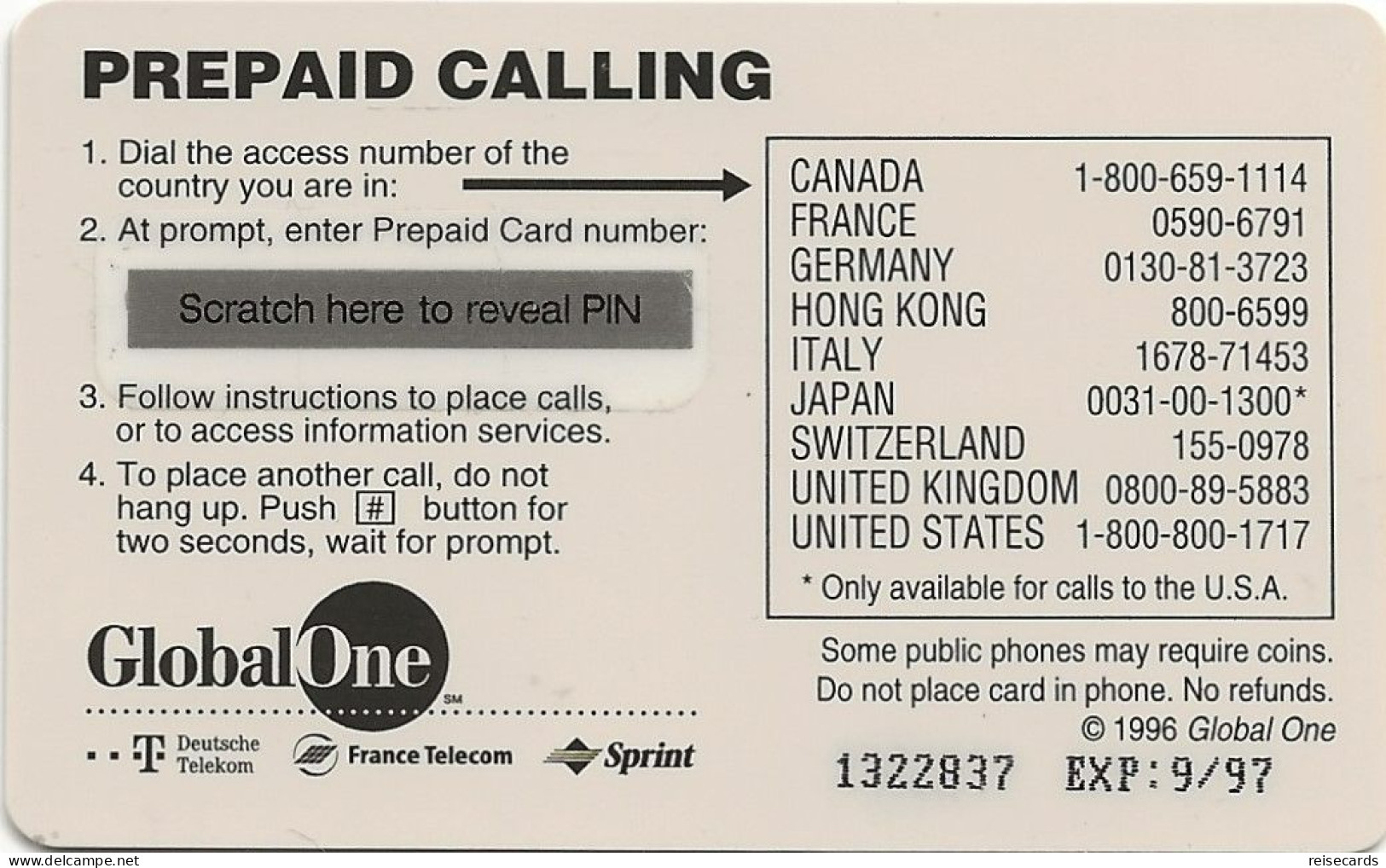 USA: Prepaid GlobalOne - Globe 09.97 - Andere & Zonder Classificatie