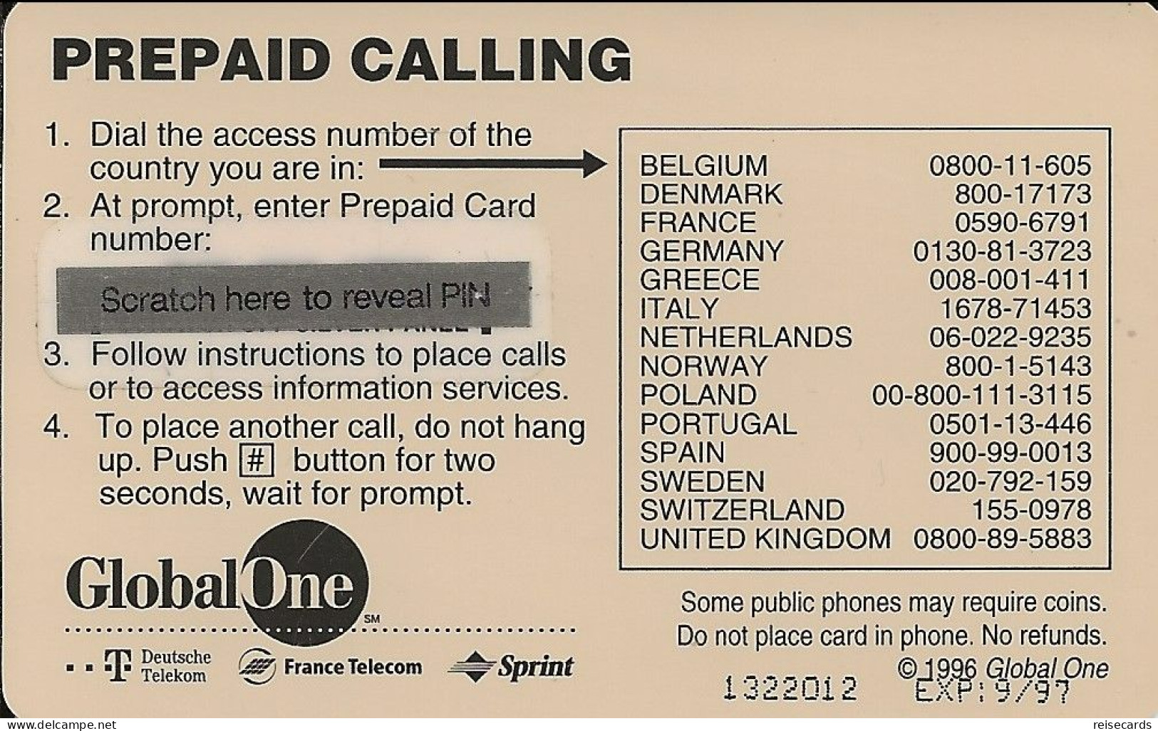 USA: Prepaid GlobalOne - Airline 09.97 - Sonstige & Ohne Zuordnung