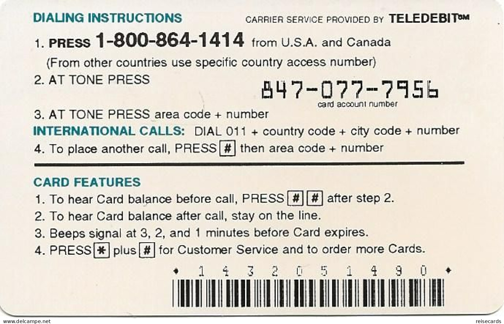 USA: Prepaid Teledebit - Prepaid Phone Card - Other & Unclassified