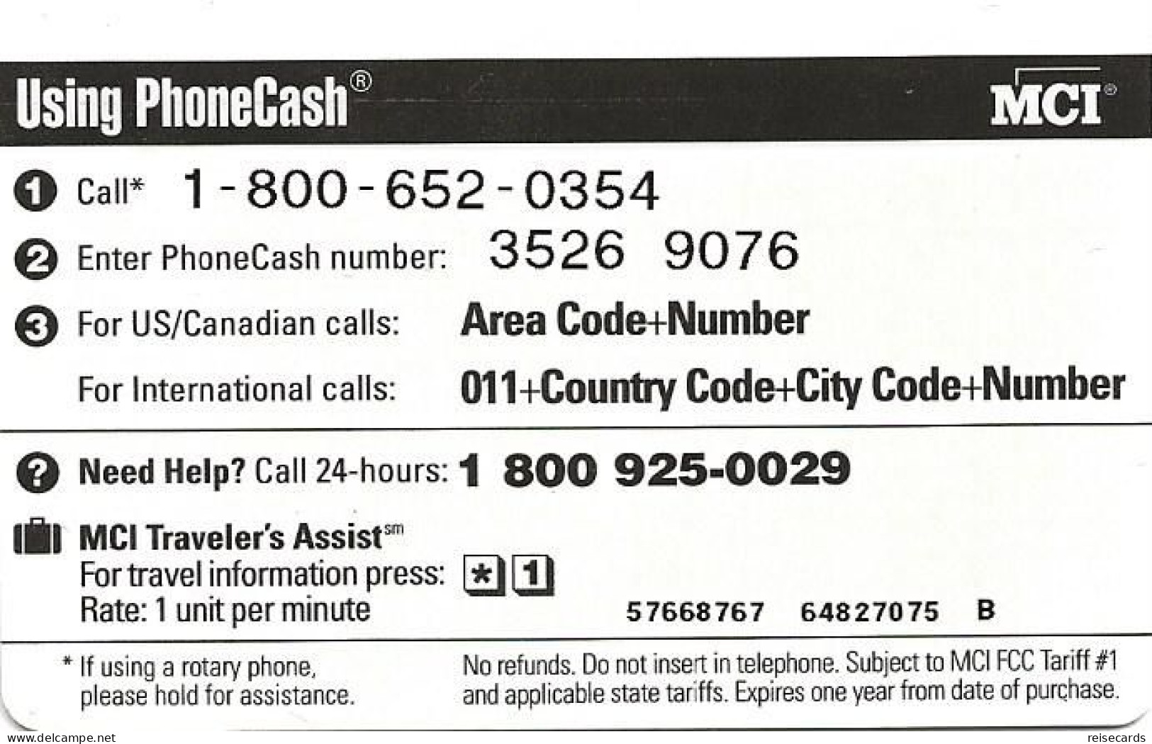 USA: Prepaid MCI - Phone Cash - Autres & Non Classés