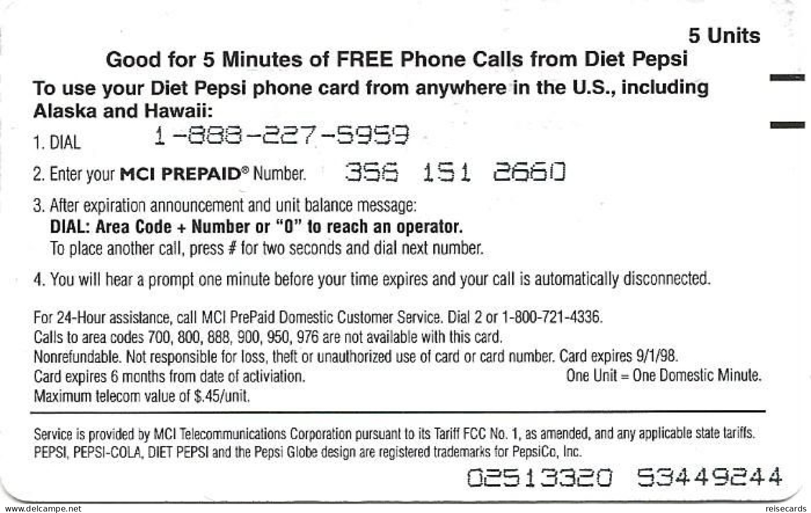 USA: Prepaid MCI - Pepsi Cola Diet - Andere & Zonder Classificatie