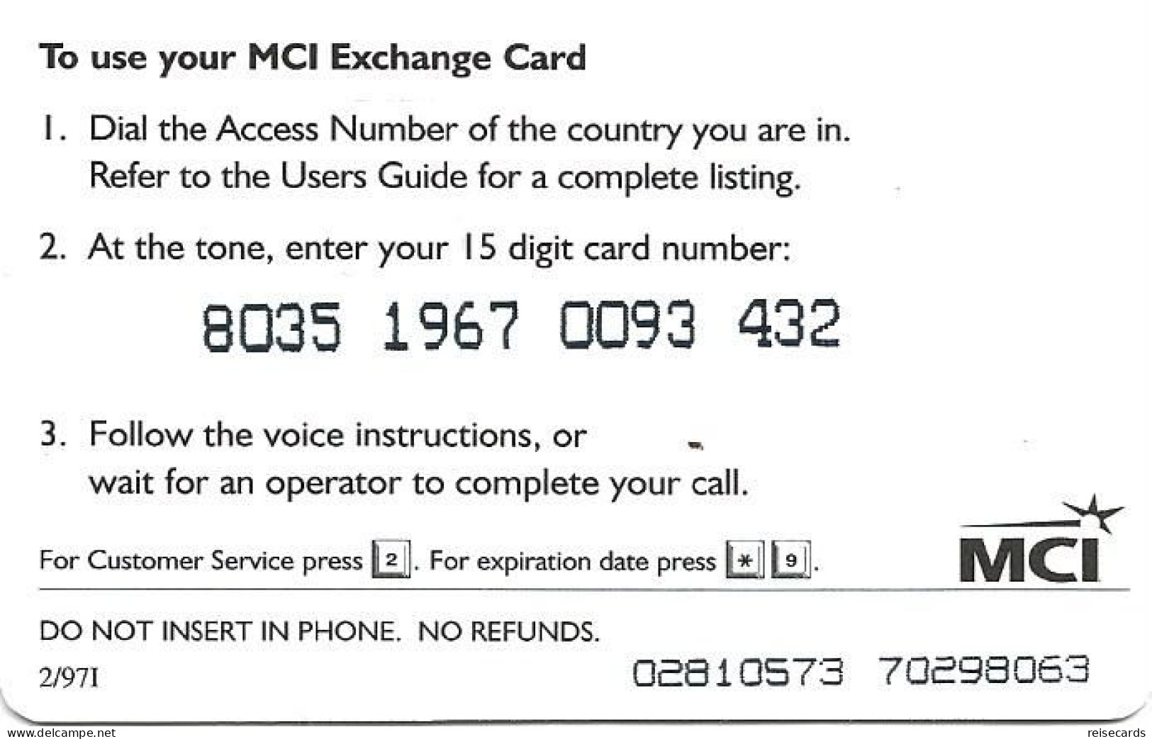 USA: Prepaid MCI - Exchange Card - Autres & Non Classés