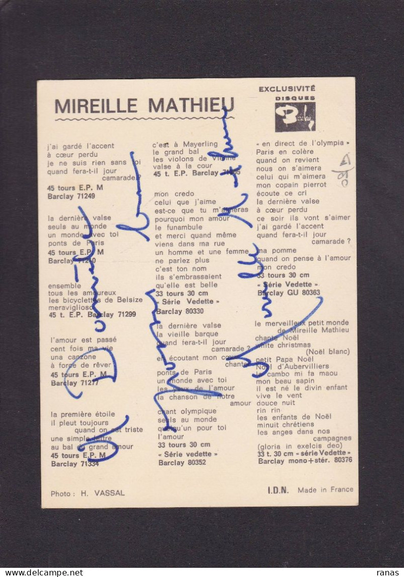 CPM Autographe Signature Mireille Mathieu Chanteuse Non Circulée Voir Dos - Sänger Und Musiker
