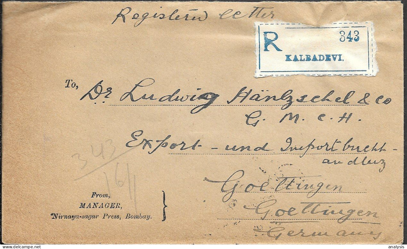 India Bombay Kalbadevi Registered Cover Mailed To Germany 1929. 6A Rate - 1911-35 Roi Georges V