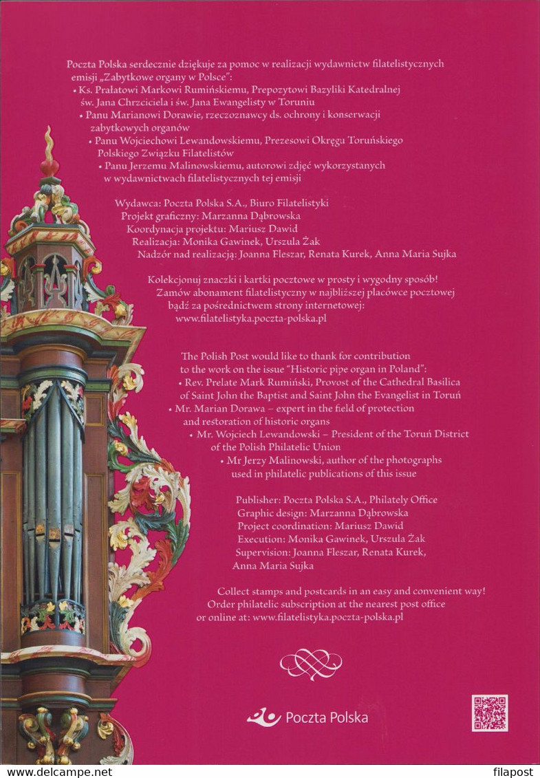 POLAND 2019 Booklet History Pipe Organ In Poland, Baroque Organ, Cathedral Basilica, Torun, Low Number Block MNH** FV - Libretti