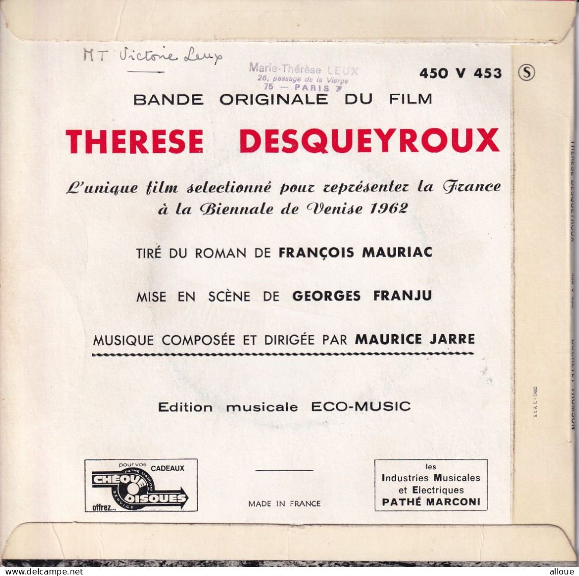 THERESE DESQUEYROUX (FESTIVAL DE VENISE 62 ) - BO DU FILM - FR EP - MUSIQUE DE MAURICE JARRE - Filmmuziek