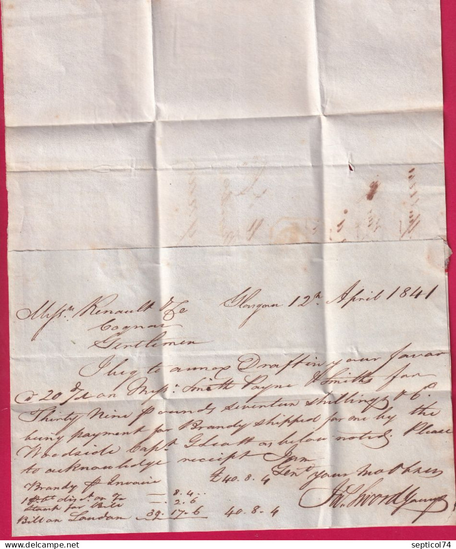 CAD PAID GLASGOW ESCOSSE SCOTLAND 1841 POUR COGNAC CHARENTE FRANCE LETTRE - ...-1840 Precursori