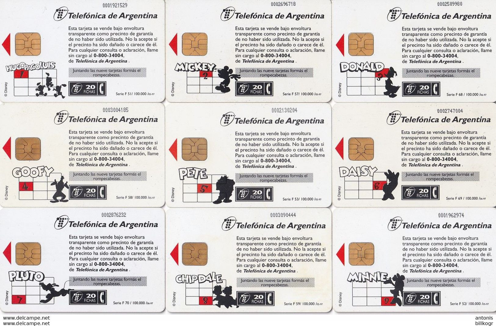 ARGENTINA(chip) - Disney, Puzzle Of 9 Telefonica Telecards, 05-06/97, Used - Disney