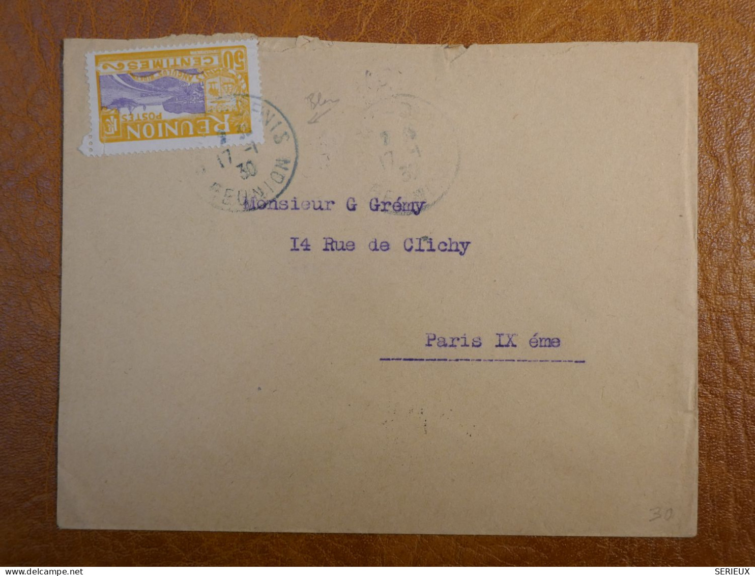 K31 ILE DE LA REUNION   LETTRE COMPLETE 50C CACHET BLEU   1930 ST DENIS A PARIS FRANCE  ++AFF. BLEU INTERESSANT++ - Covers & Documents