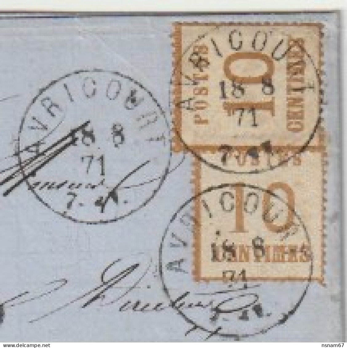 1302p - AVRICOURT  Pour EPINAL Vosges - 18 Aout 71 - 2 X 10 Ctes Alsace + Taxe 2 Décimes - - Guerre De 1870