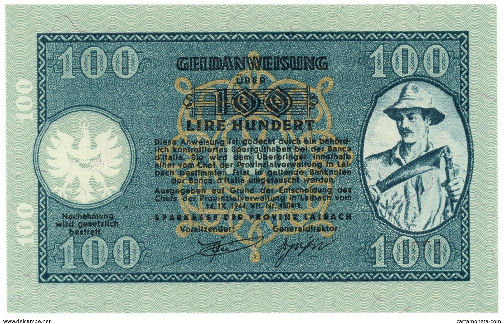 100 LIRE OCCUPAZIONE TEDESCA DELLA PROVINCIA DI LUBJANA 14/09/1944 FDS - Occupation Alliés Seconde Guerre Mondiale