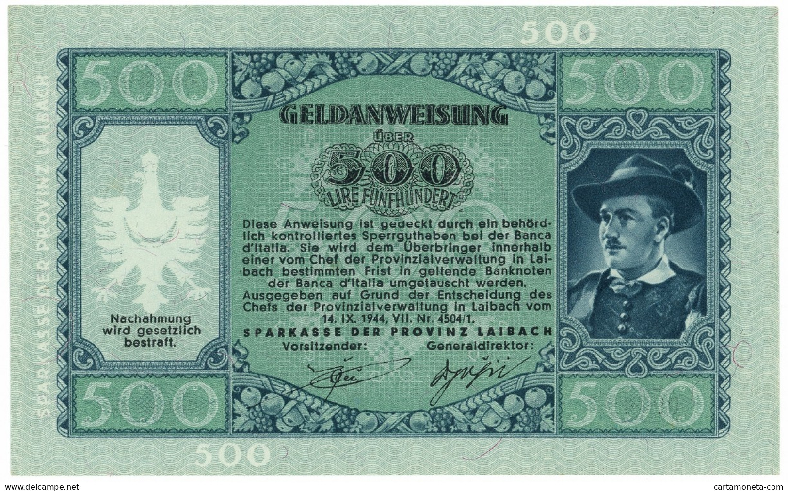 500 LIRE OCCUPAZIONE TEDESCA DELLA PROVINCIA DI LUBJANA 14/09/1944 QFDS - Ocupación Aliados Segunda Guerra Mundial