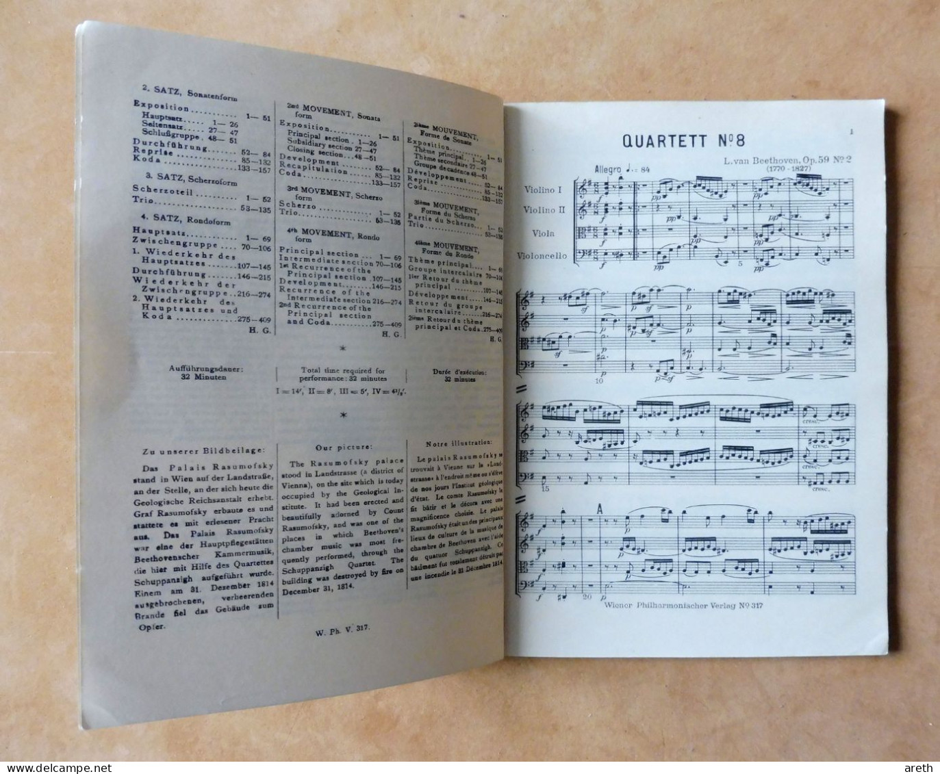 Partition BEETHOVEN  - Quatuor à Cordes Mi Mineur Op.59 N°2 - Wiener Philarmonischer Verlag N° 317 - A-C