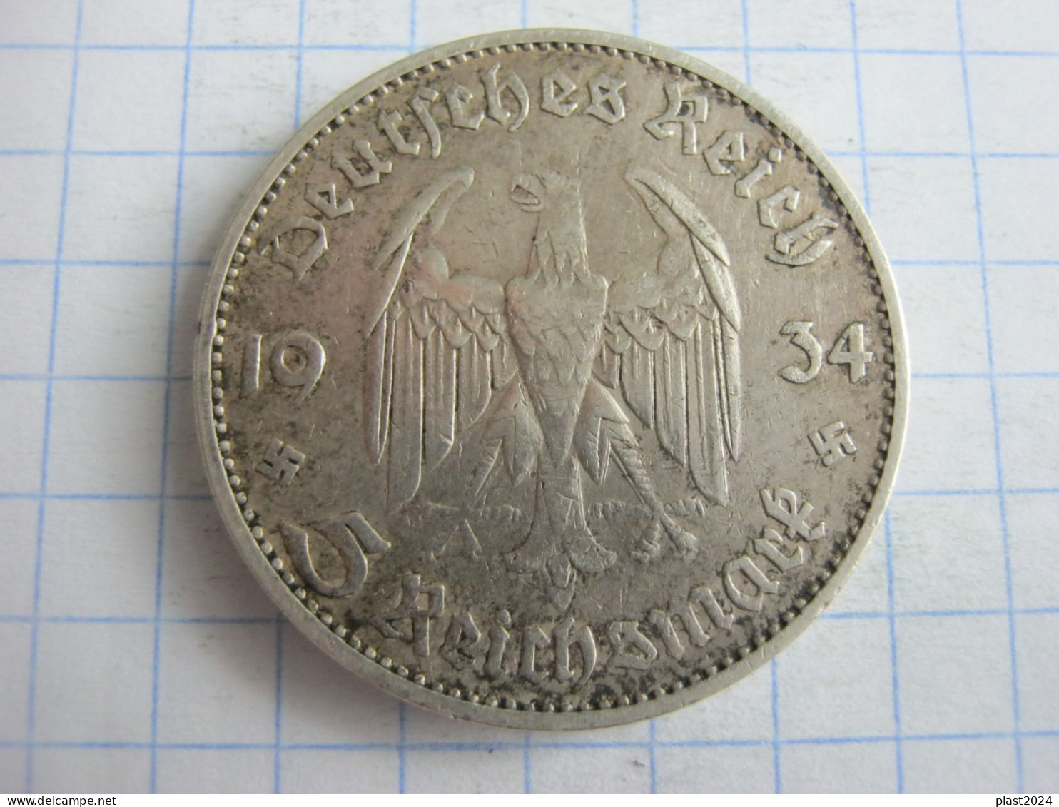 Germany 5 Reichsmark 1934 D Pos. B ( With Date ) - 5 Reichsmark