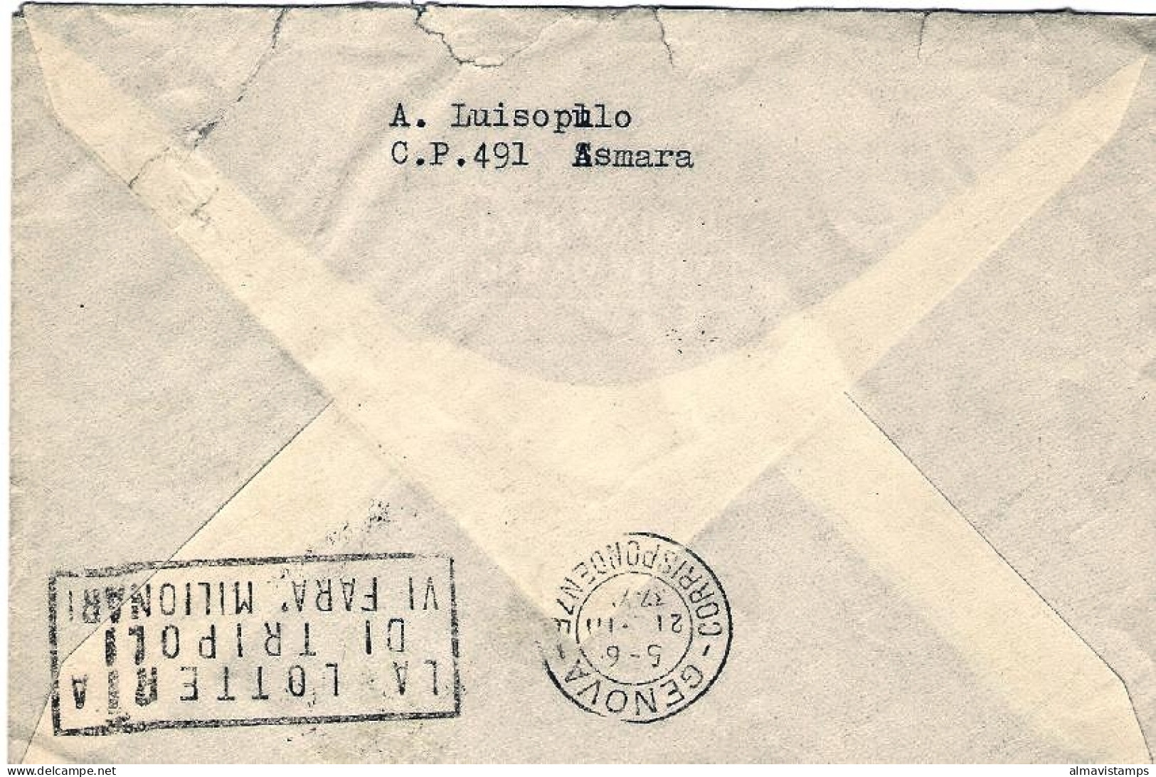 1937-Eritrea Busta Per Via Aerea Affrancata 50c. Vittorio Emanuele III+posta Aer - Eritrea
