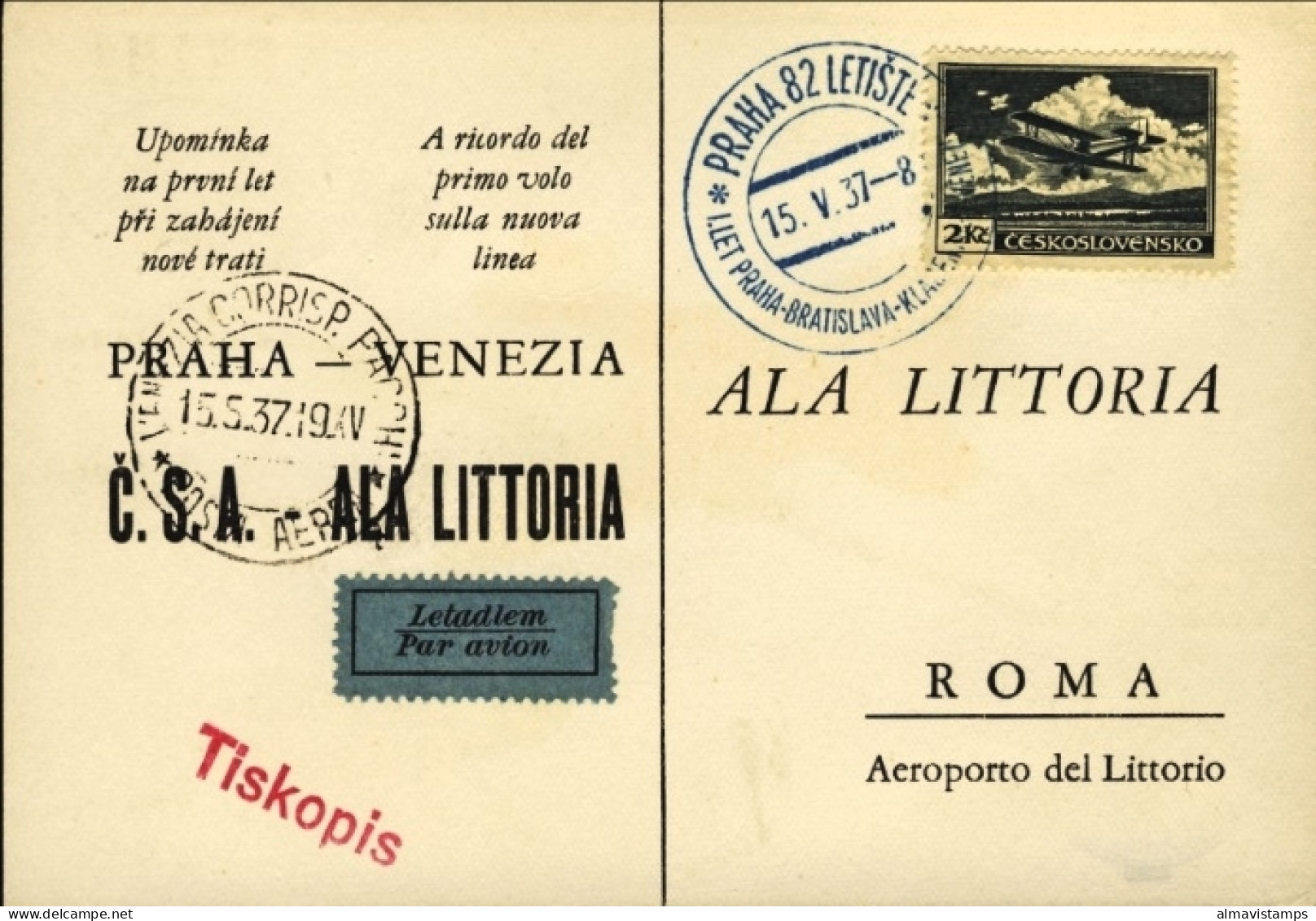 1937-Cecoslovacchia Cat.Longhi Euro 200, Cartolina A Firma F.B.Komba I^volo Prag - Aerogramme