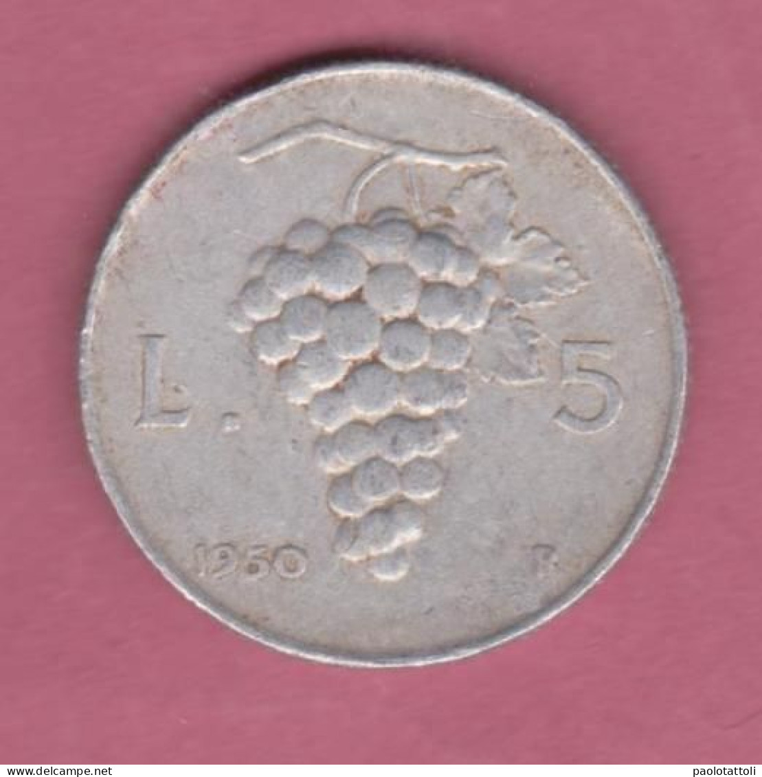 Taly, 1950- 5 Lire. Aluminium- Obverse Female Head Facing Right Holding A Torch. Reverse Grape Cluster, -  MB, F, TB, S - 5 Liras