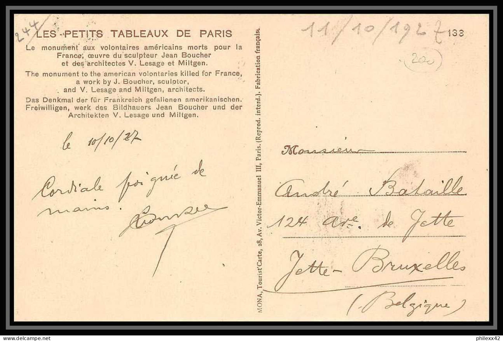 0011/ Carte Maximum (card) France N°244 Visite De La Légion Américaine 11/10/1927 Monument Aux Volontaires Américains - ...-1929