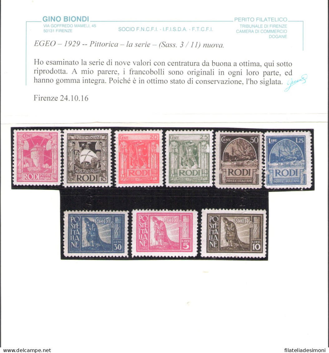 1929 Egeo, Serie Pittorica, Dentellata 11, N. 3/11, 9 Valori, MNH** Certificato Biondi - Egée