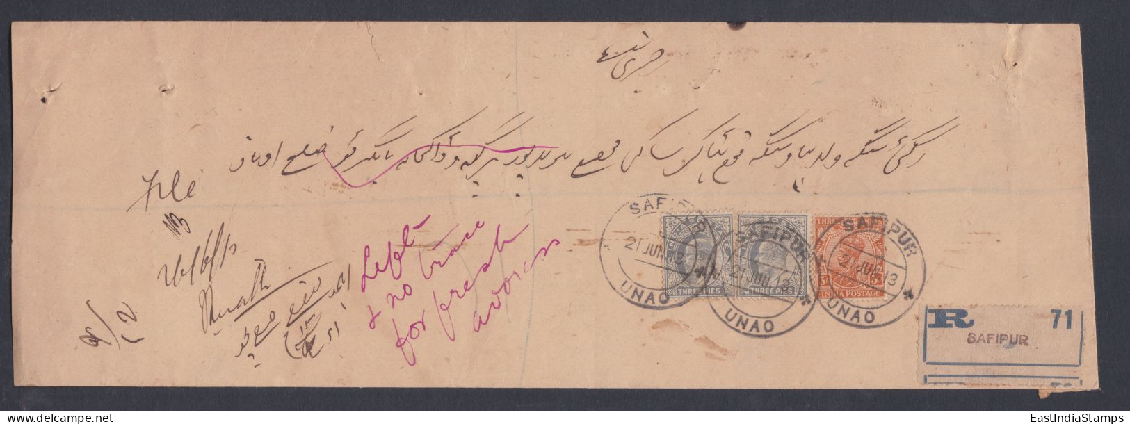 Inde British India 1913 Used Registered Cover, Civil Judge, Lucknow, King George V, Stamps, Return Mail, Acknowledgement - 1911-35 Roi Georges V