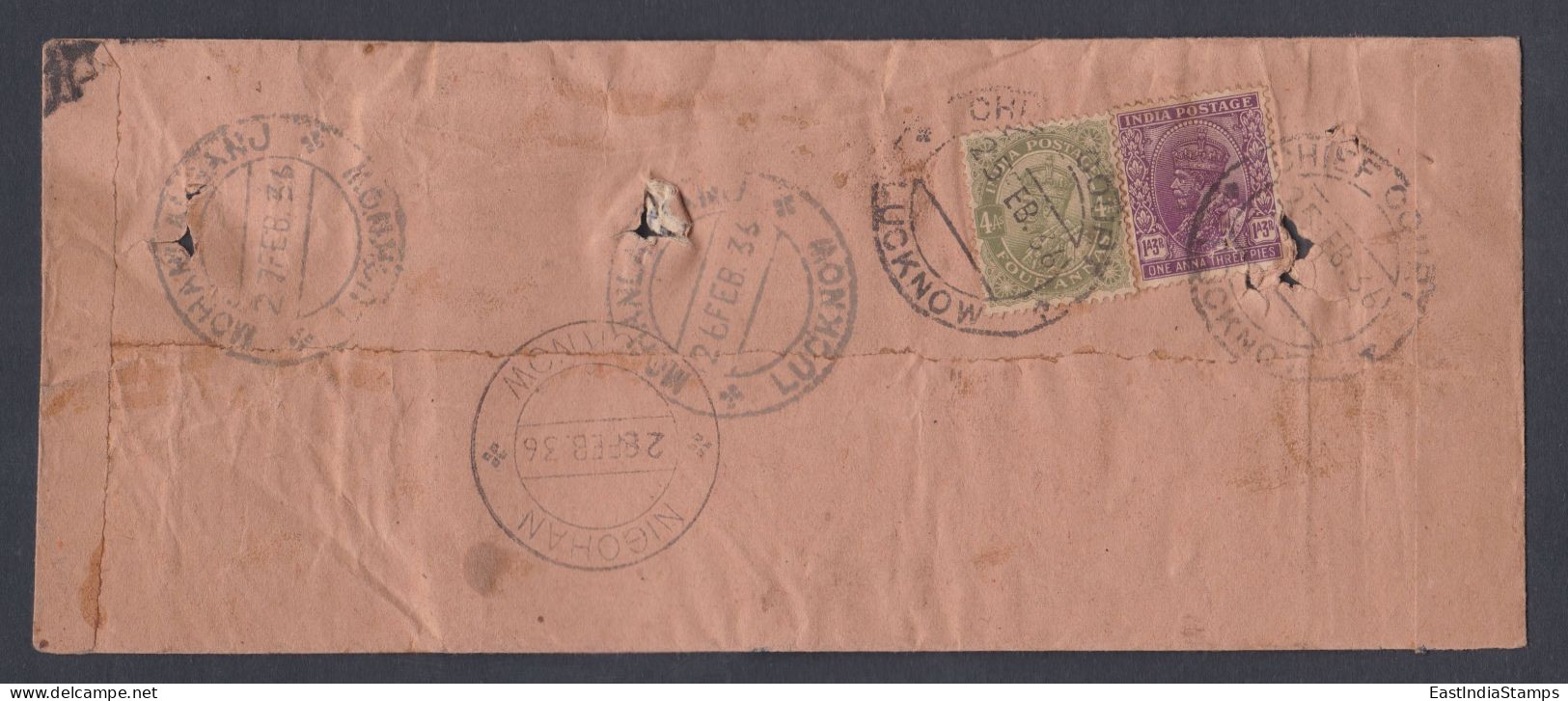 Inde British India 1936 Used Half Anna Registered Cover, Lucknow, Refused, Return Mail, King George V Stamps - 1911-35 King George V