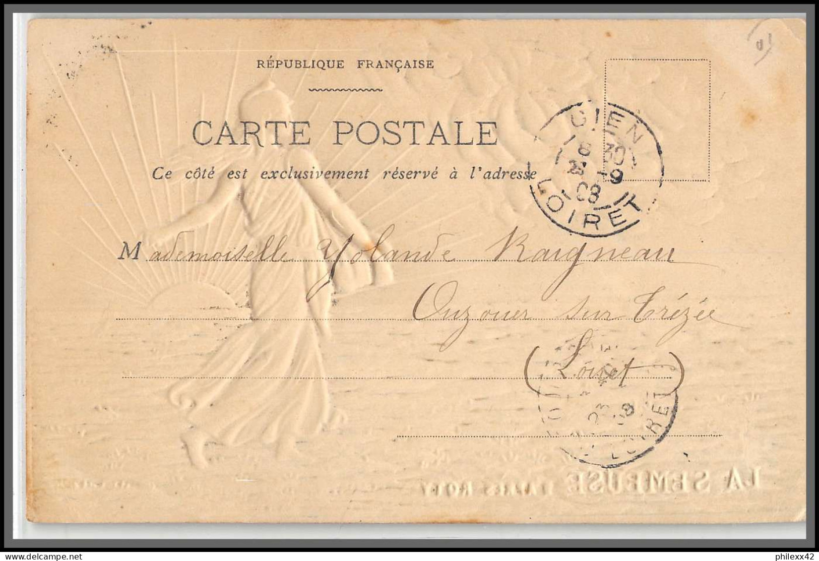 49535 N°137 5c La Semeuse D'après Roty 1908 Pour Gien Loiret France Carte Maximum Card Gaufrée Embossée - ...-1929