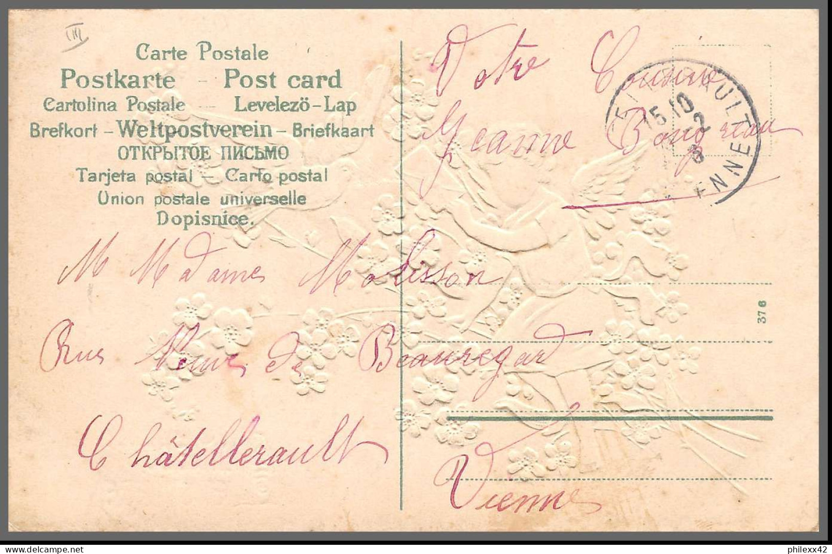 49513 N°111 Blanc Amitié Douce Et Sincère 1905 France Ange Anges Angelot Colombe Dove Carte Maximum Gaufrée Embossée - ...-1929