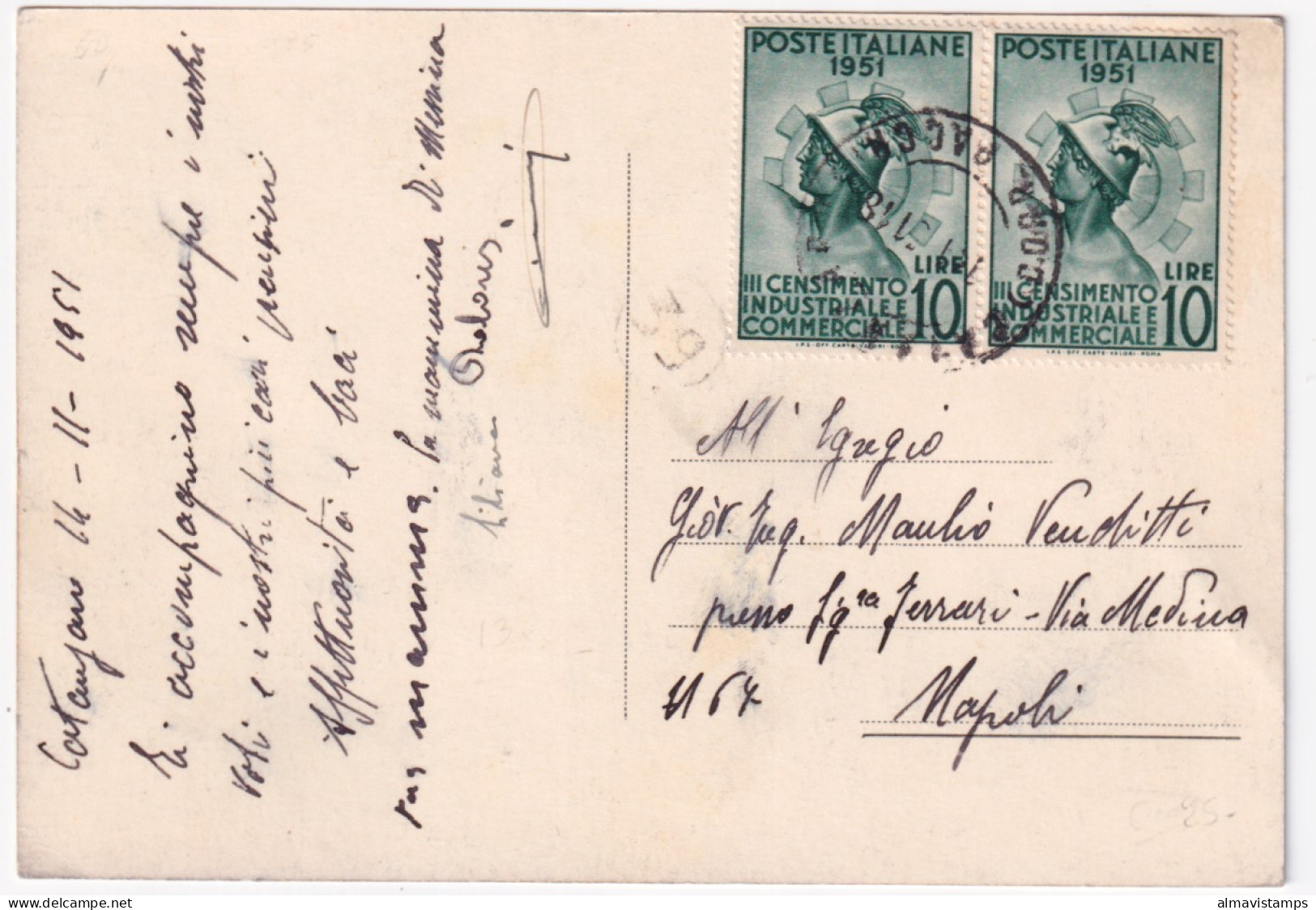 1951-CENSIMENTO INDUSTRIALE COMMERCIALE Coppia Lire 10 (675) Su Cartolina (Catan - Catanzaro