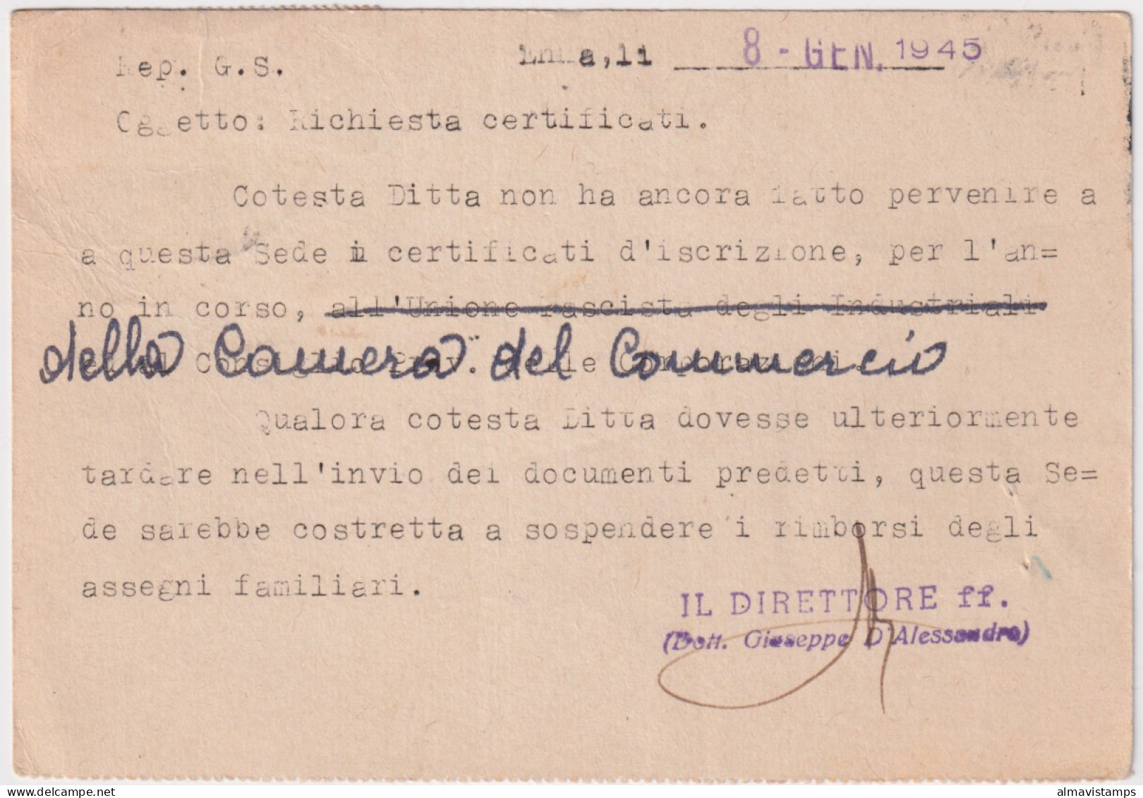 1945-Imperiale Senza Fasci Blocco Di Quattro C.15 (526) Su Cart. Ammin. Enna (9. - Marcophilia