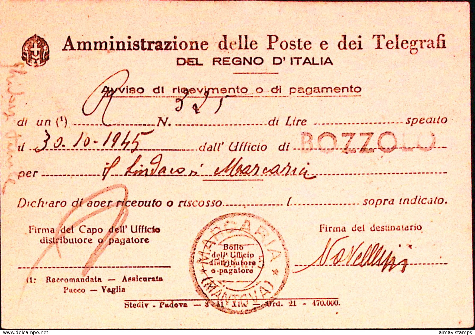 1945-Imperiale Senza Fasci Lire 2 Isolato Su Avviso Ricevimento Bozzolo (3.11) - Marcofilía