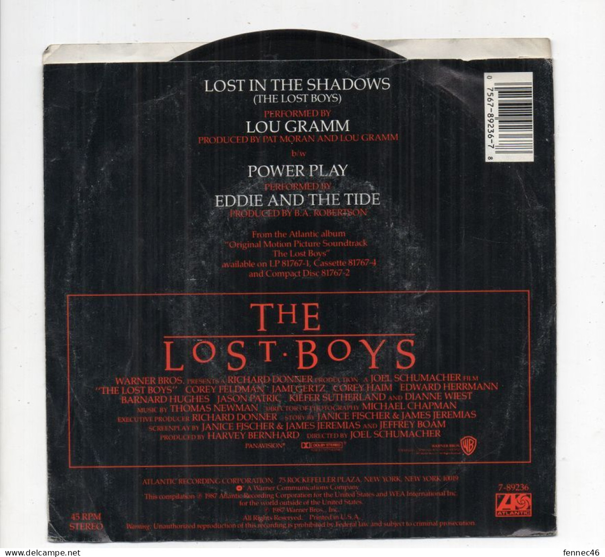 * Vinyle  45T -  Lou Gramm - Lost In The Shadows (The Lost Boys) - Power Play Performd By Eddie And The Tide - Musique De Films