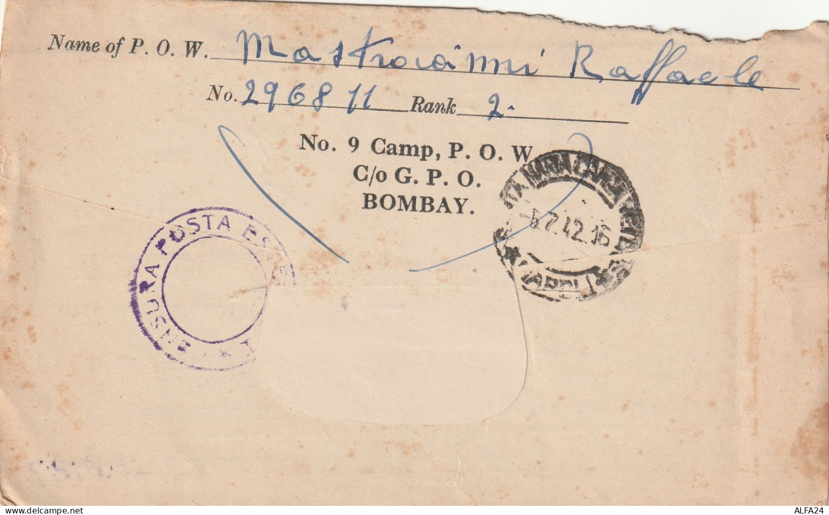 FRANCHIGIA PRIGIONIERI GUERRA INDIA 1942 (YK1214 - Military Service Stamp
