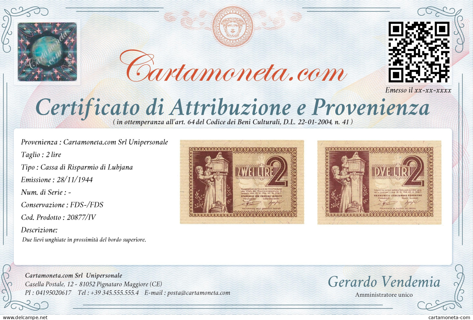 2 LIRE OCCUPAZIONE TEDESCA DELLA PROVINCIA DI LUBJANA 28/11/1944 FDS-/FDS - 2. WK - Alliierte Besatzung